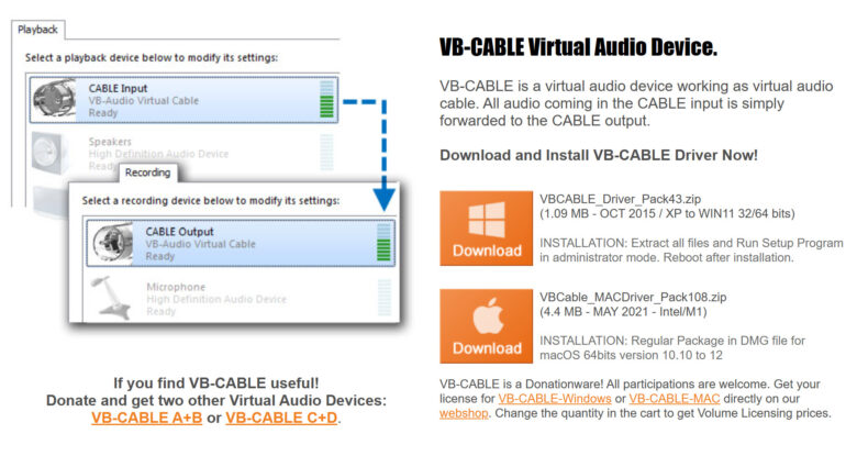 VB-CABLE はオレンジ色のボタンからダウンロードできます。