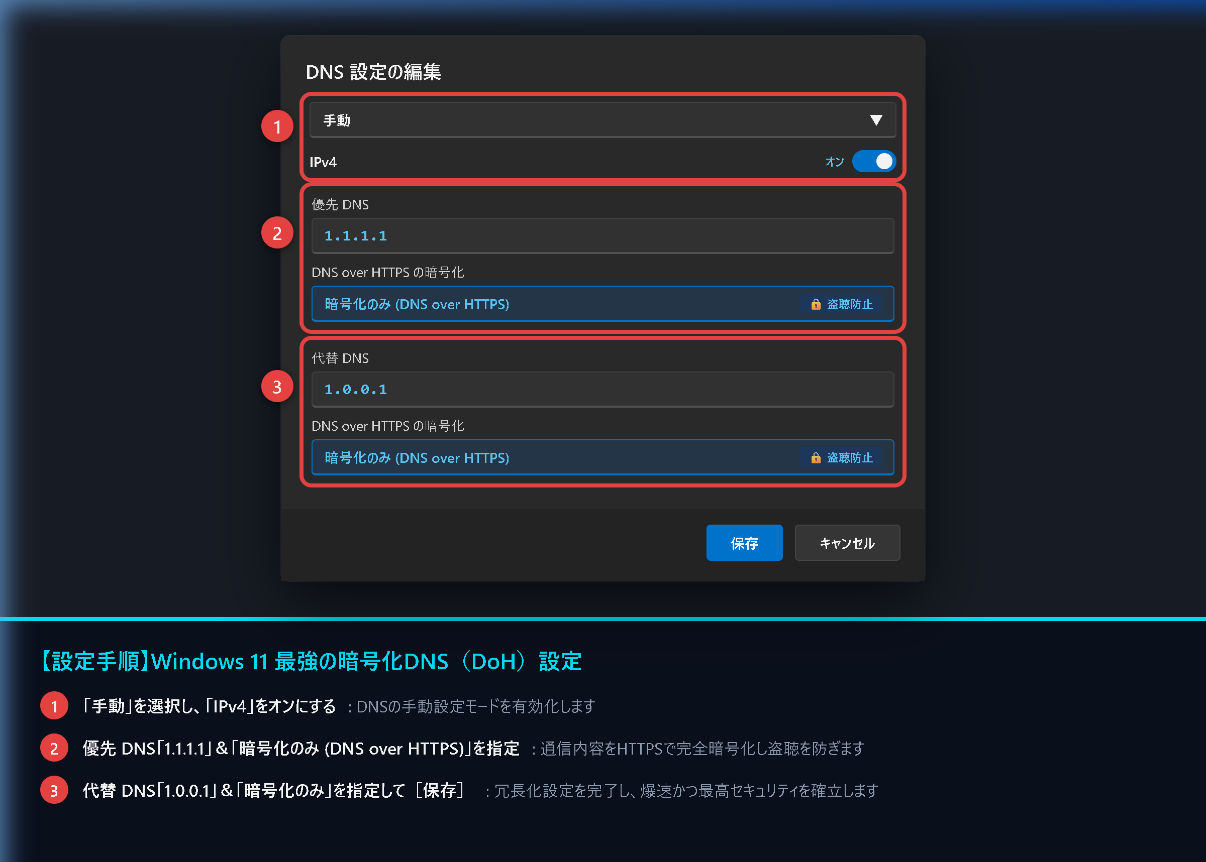 Windows 11での暗号化DNS(DoH)設定手順(優先DNS 1.1.1.1・代替DNS 1.0.0.1)