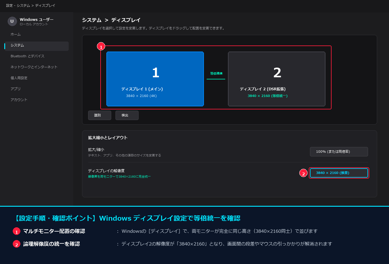 Windowsディスプレイ設定でマルチモニターの解像度が完全統一された状態