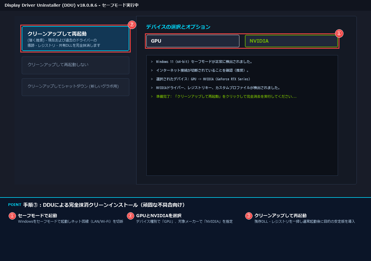 Display Driver Uninstaller (DDU) でGPUとNVIDIAを選択しクリーンアップして再起動を実行する画面