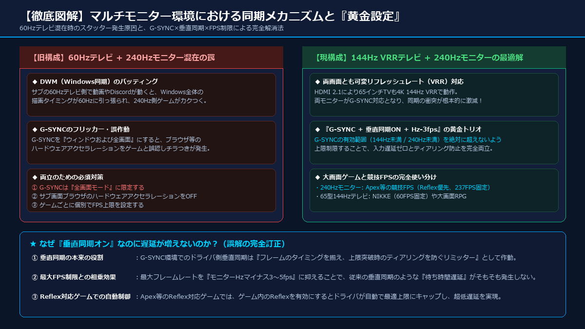 60Hzテレビ混在時のスタッター原因とG-SYNC・垂直同期・フレームレート制限による完全解消の仕組み図解