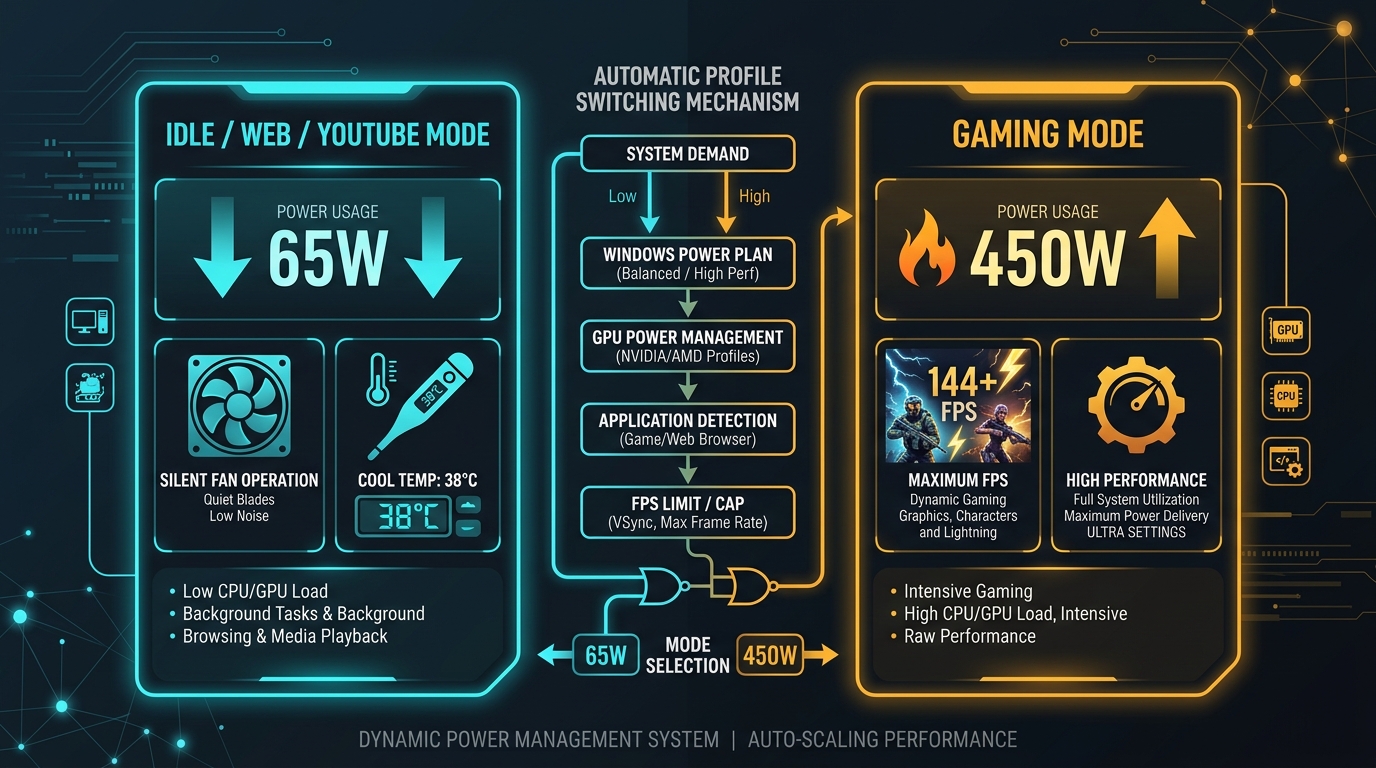 アイドル時65W静音動作とゲーム時450Wフル稼働の電力比較、およびWindows電源プランとGPU電源管理の自動切り替えメカニズム図解