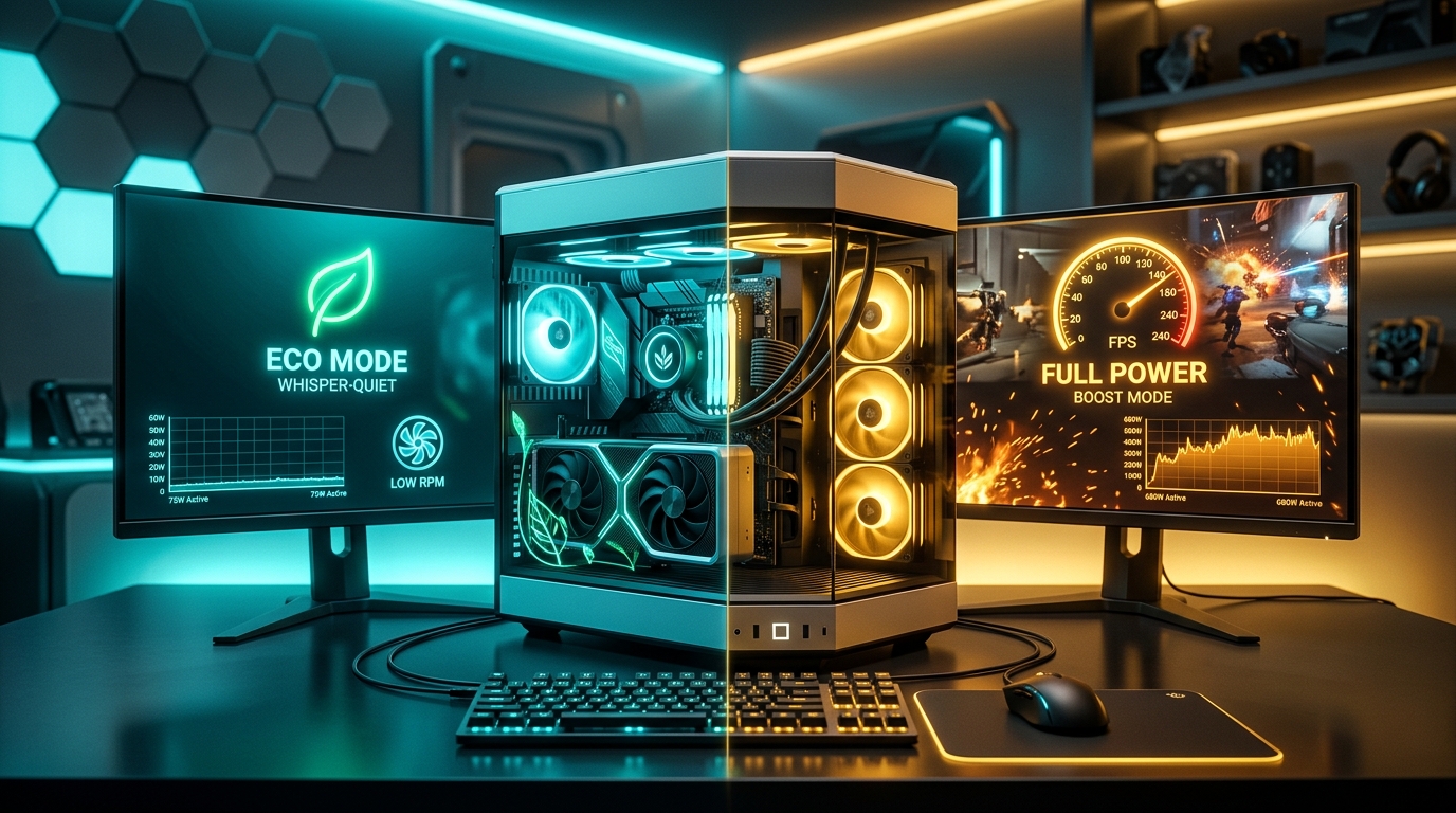 ゲーミングPCのエコモード（省電力・静音）とフルパワーゲームモードの電力消費量切り替えアイキャッチ
