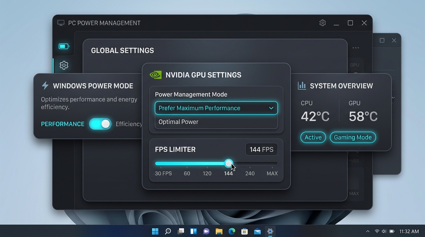 Windows 11の電源モード設定、NVIDIAコントロールパネルの電源管理モード、FPSリミッターによる電力抑制UI画面