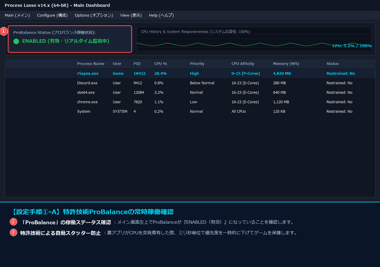 Process Lassoメイン画面で特許技術ProBalanceが有効稼働していることを確認する画面