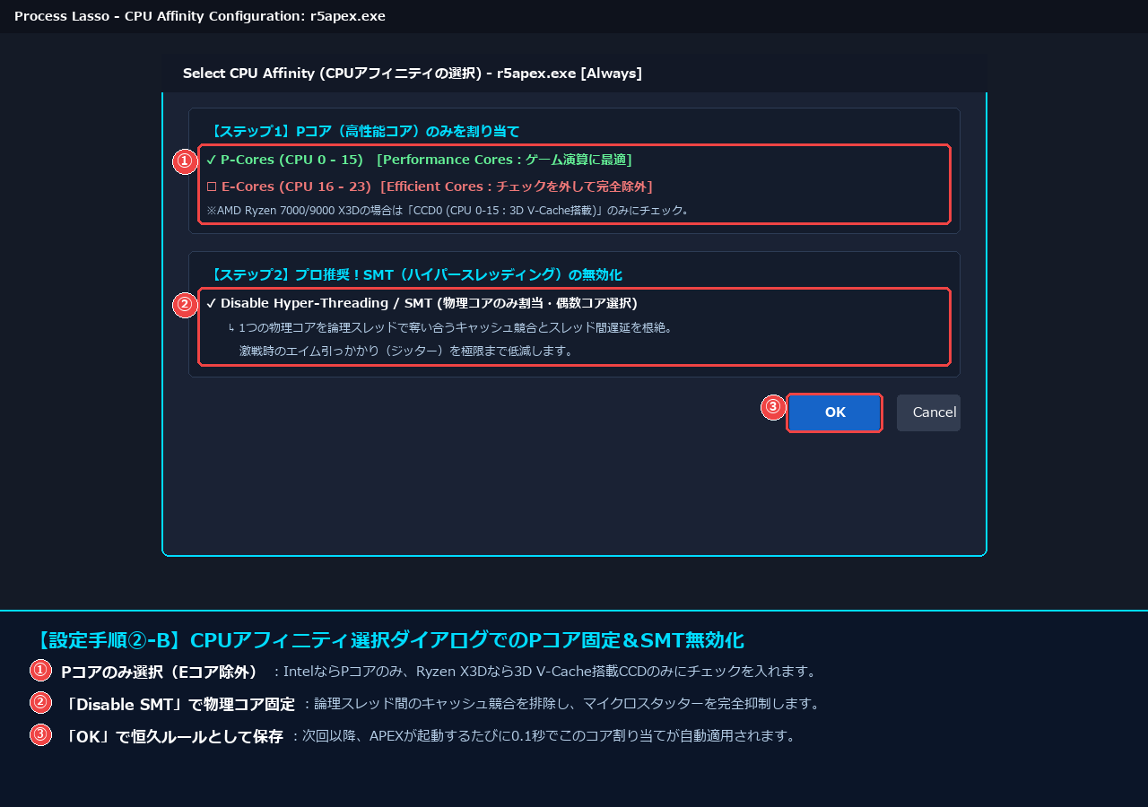 CPUアフィニティ選択ウィンドウでPコアのみ指定およびSMT無効化を選択してOKを押す設定画面