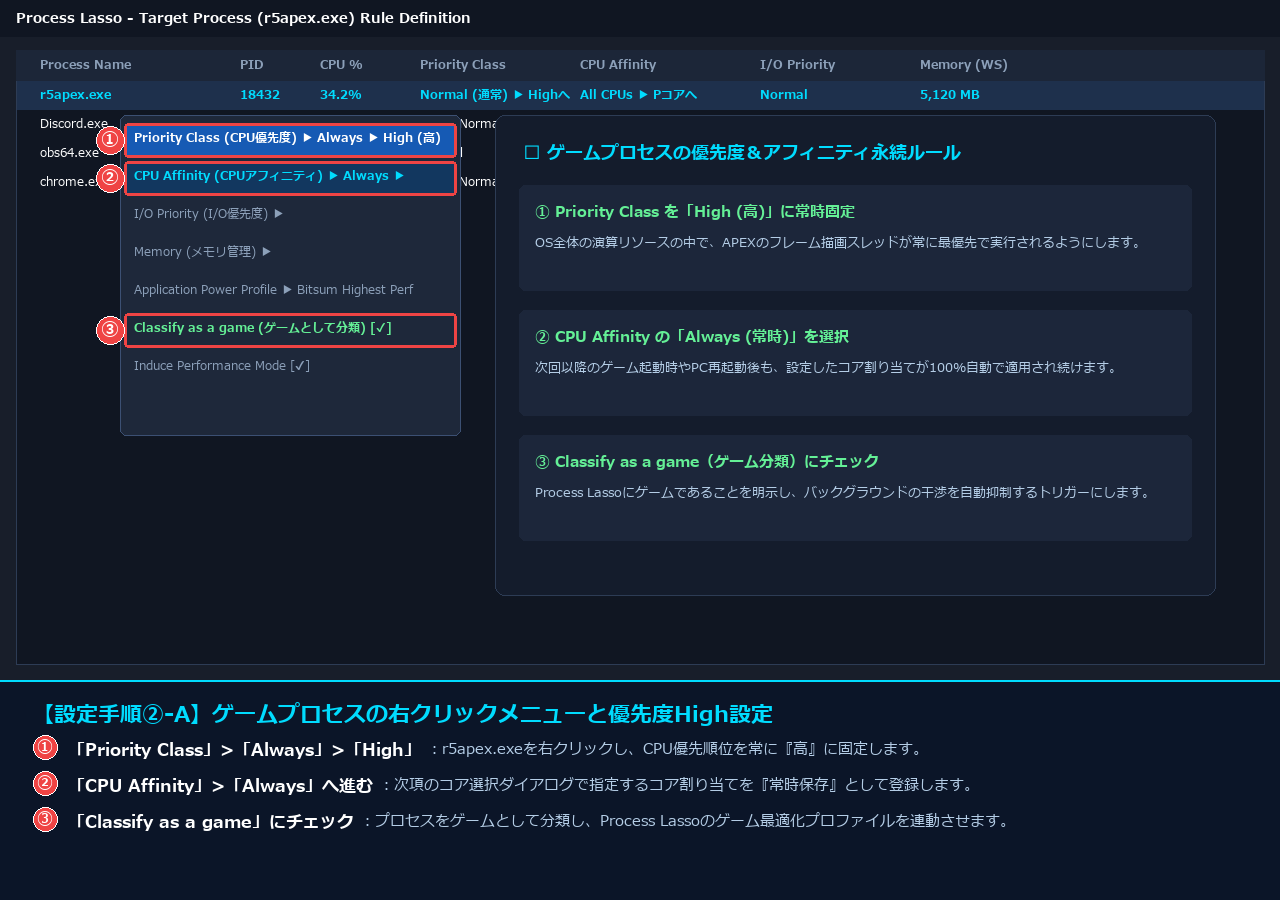 r5apex.exeを右クリックしてCPU優先度Highおよびアフィニティ常時ルールを選択する画面