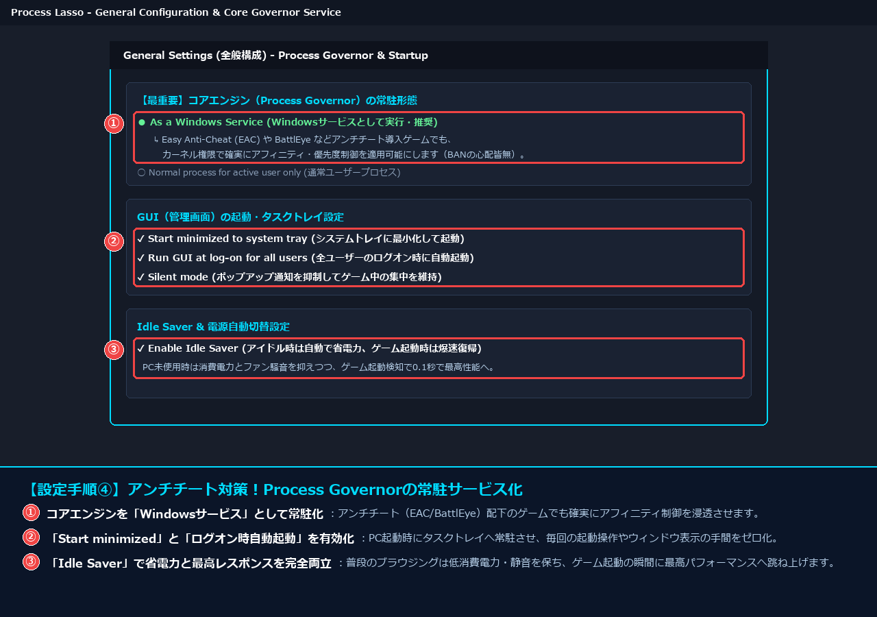 Process GovernorをWindowsサービスとして常駐させアンチチート下でも確実に動作させる設定画面