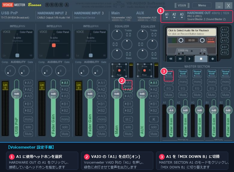 Voicemeeter Bananaでハードウェア出力A1を設定しMIX DOWN Bでミックスダウンする画面