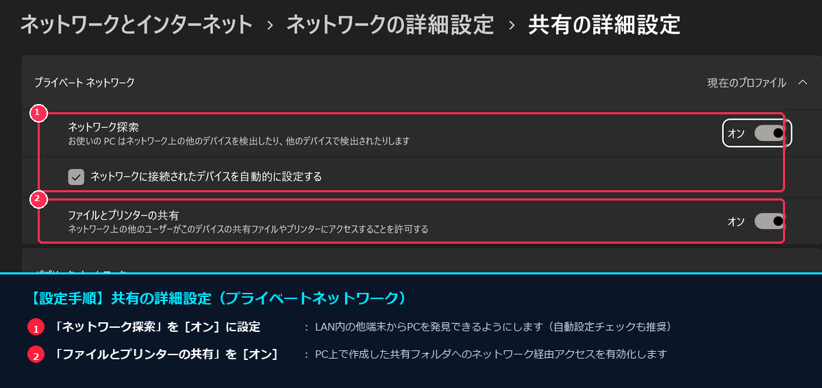 Windows 11の共有の詳細設定でネットワーク探索とファイルとプリンターの共有をオンにする画面