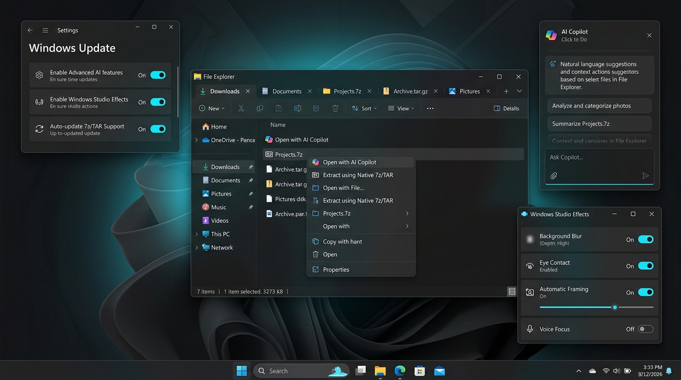 Windows 11の設定画面、ネイティブ7z・TAR対応ファイルエクスプローラー、Copilot Click to Do、Studio Effectsの操作UI