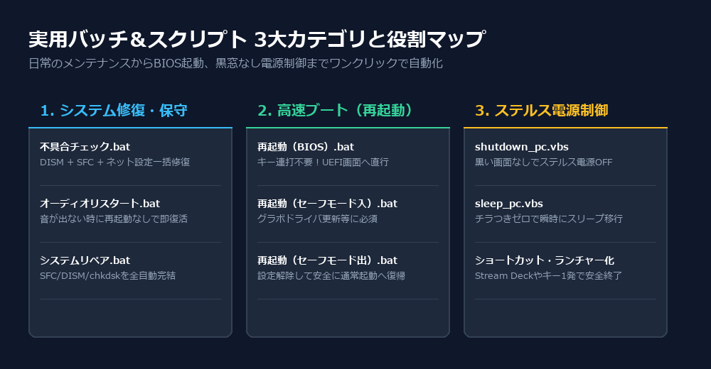 実用バッチ&スクリプト 3大カテゴリと役割マップ